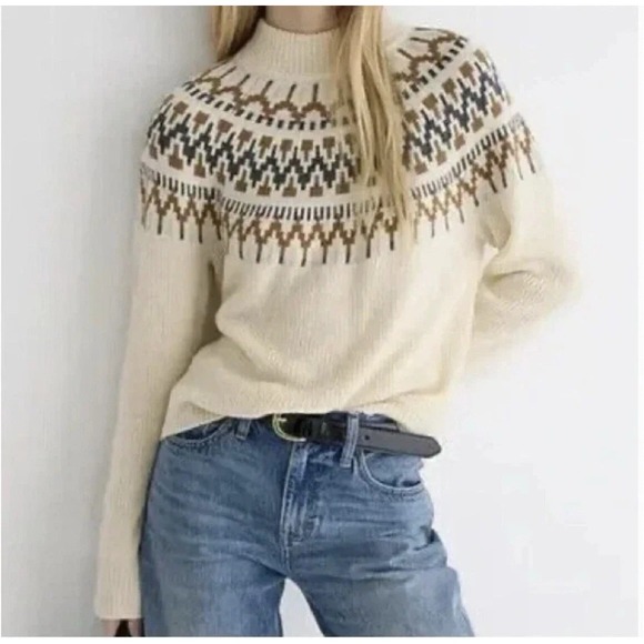 J.CREW Sweaters - J. Crew Fair Isle Mockneck Pullover‎ Sweater Neutral Cream Tan Wool Blend MED.